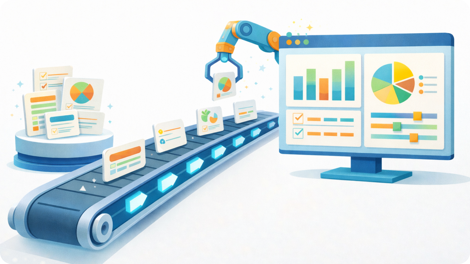 a conveyor belt moving digital data cards from one platform to another, automatically sorting and organizing them into a clean dashboard