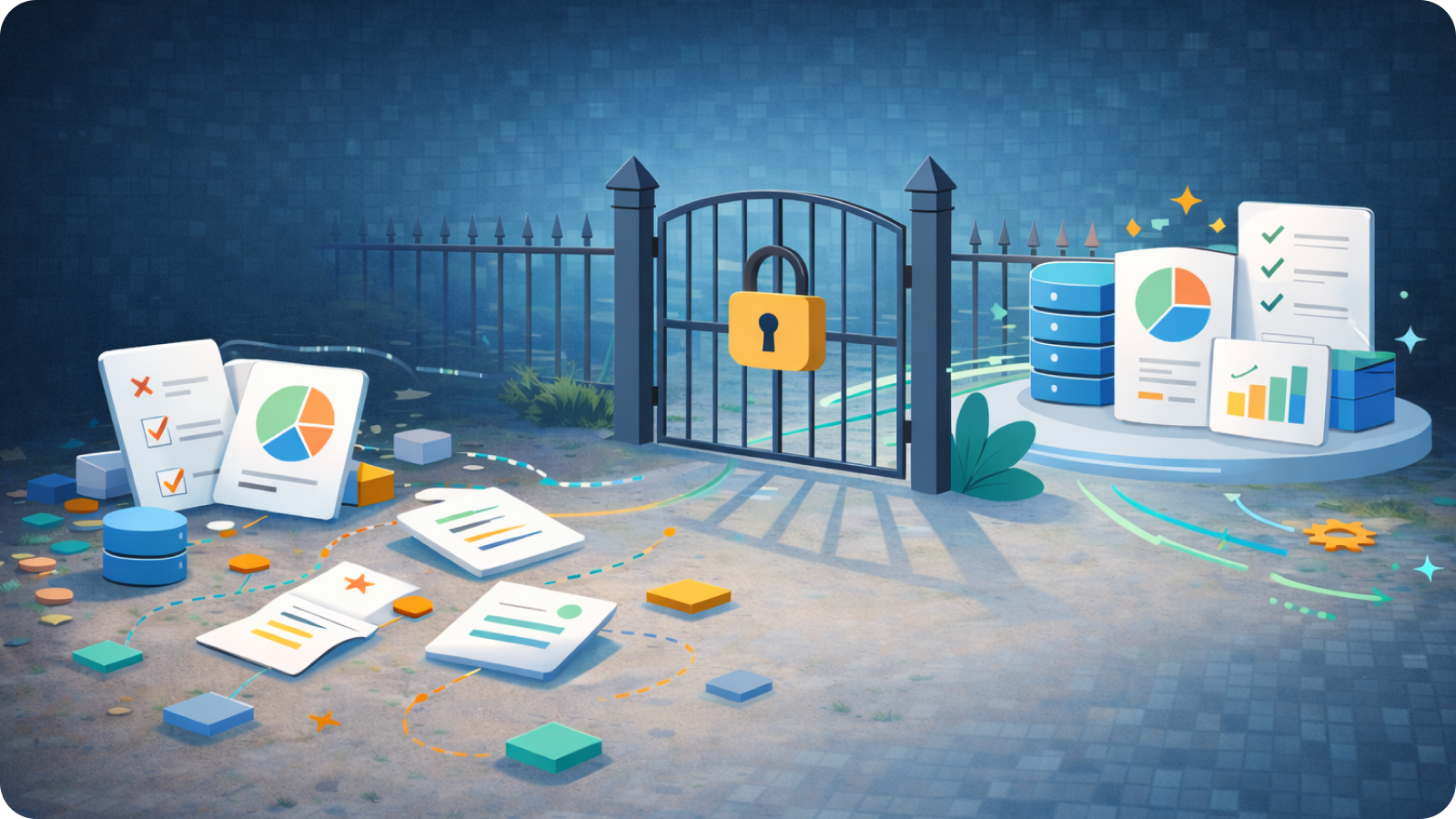 a barrier or locked gate where, in front, data is scattered about and disorganized and on the other side is clean and organized systems and data