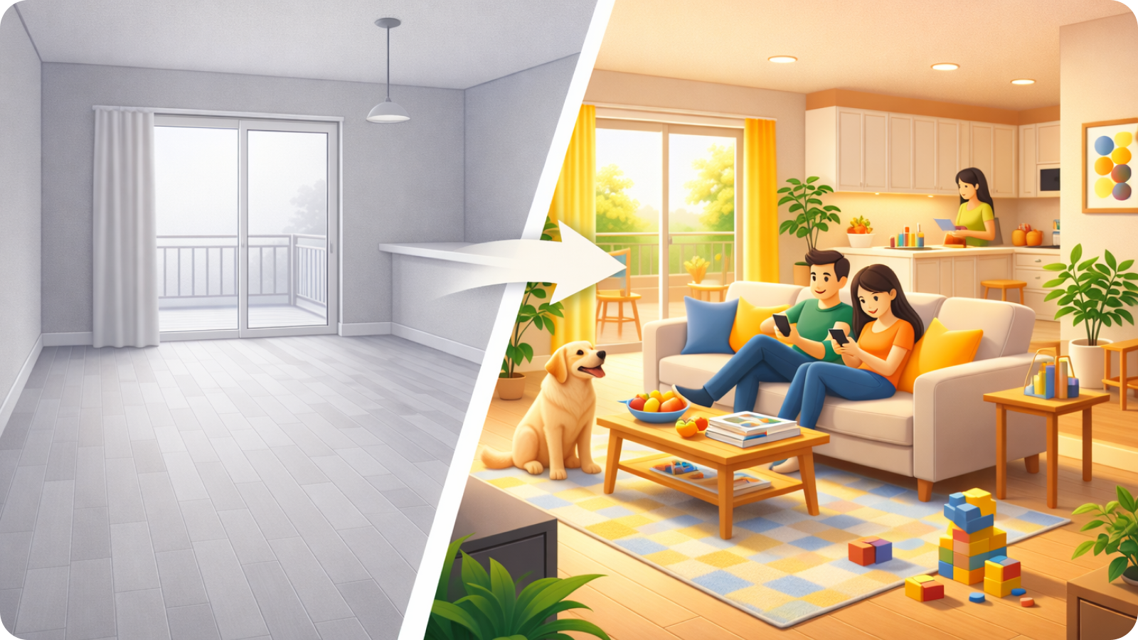 An empty living room transitioning to a family room