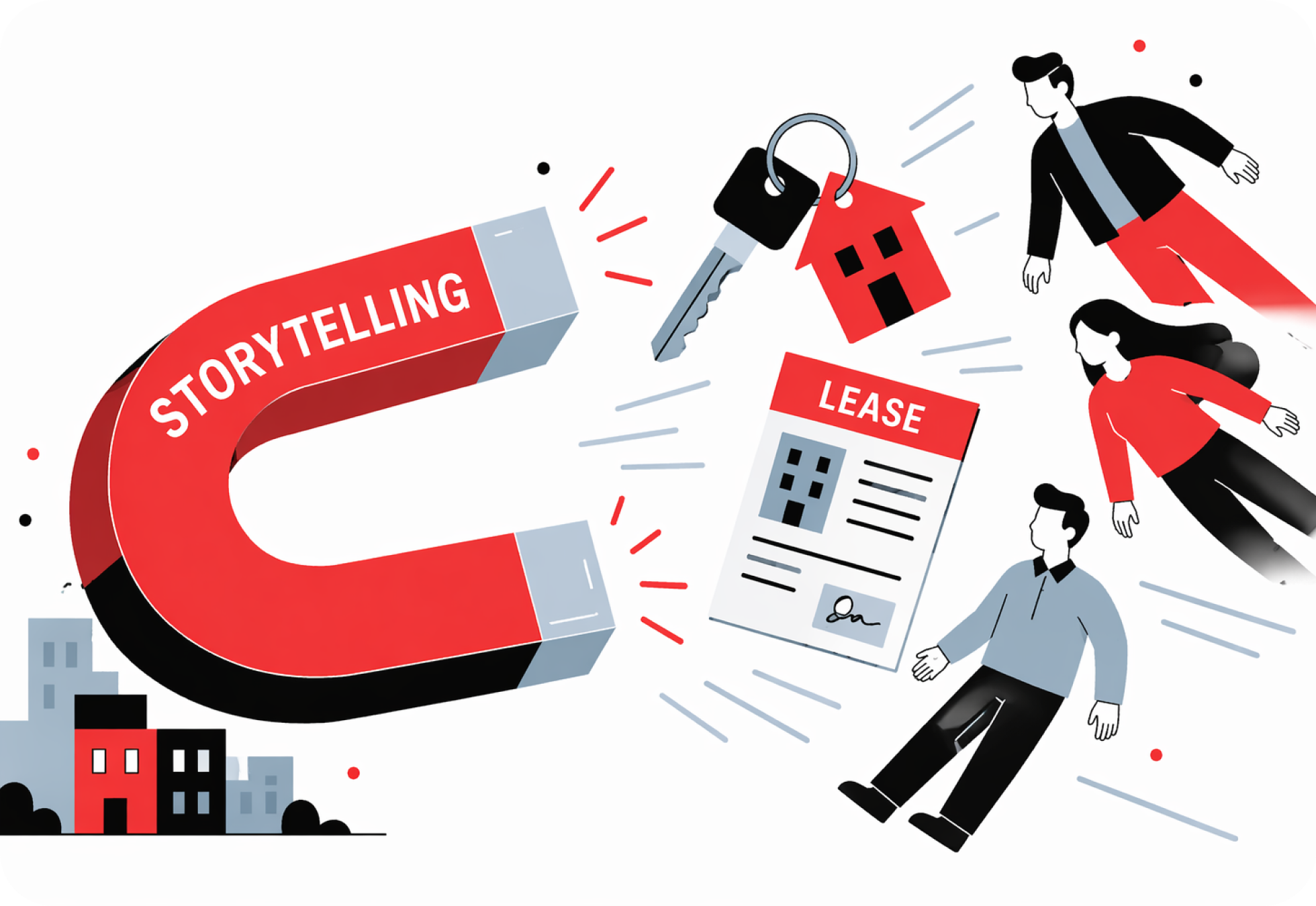 Storytelling magnet pulling in objects representing prospects