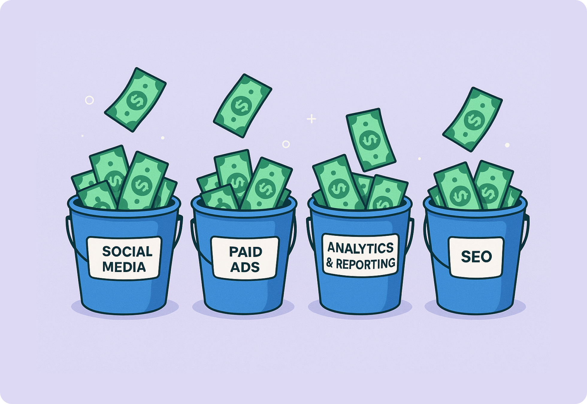 Buckets of money featuring marketing terms