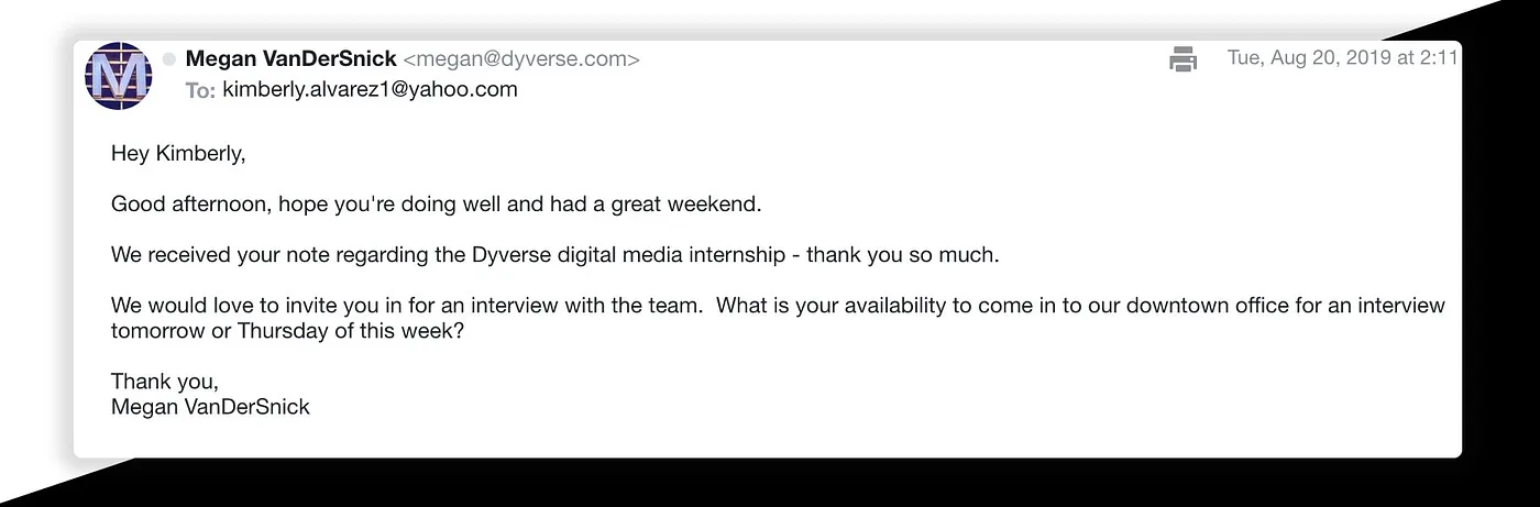 The original email from Megan VanDerSnick, Director of Account Services at Dyverse, inviting Kimberly Alvarez to an interview in August 2019.