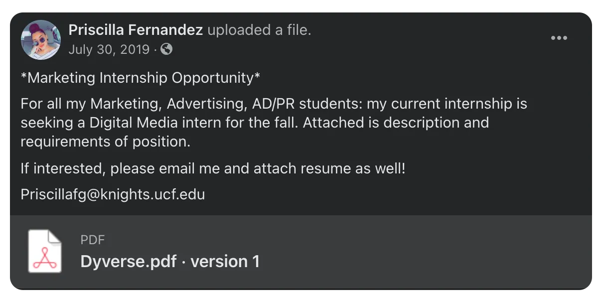The original Facebook post that Priscilla, our current Account Coordinator, made on a Facebook group that led Kimberly to apply to Dyverse.